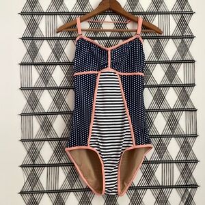 3/$15 Down east swimsuit stripes polka dots navy blue pink white retro classic M